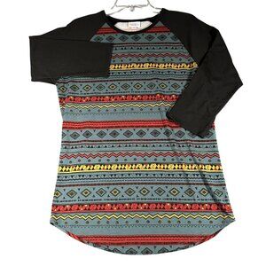 LuLaRoe Randy Shirt Womens Med Black Aztec Pattern 3/4 Sleeve Raglan‎ Top Retro